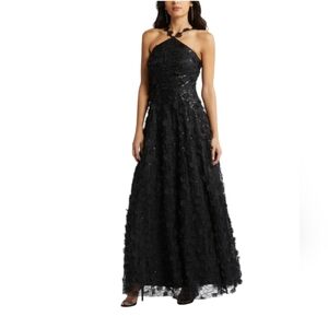 Eliza J Floating Flow Floral Sequin Halter Black Ballgown...Size 10
